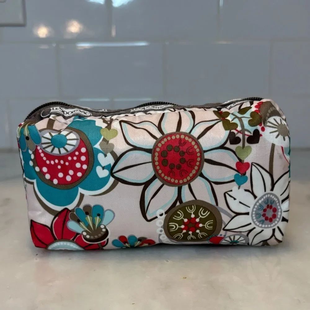 LeSportsac Fantazmic Floral Brown Pouch Cosmetic Bag Travel Organizer Y2K Nylon